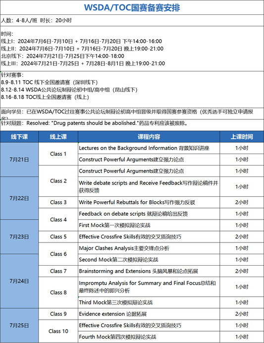 【2024年暑期】夏季WSDA/TOC国赛集训课程表